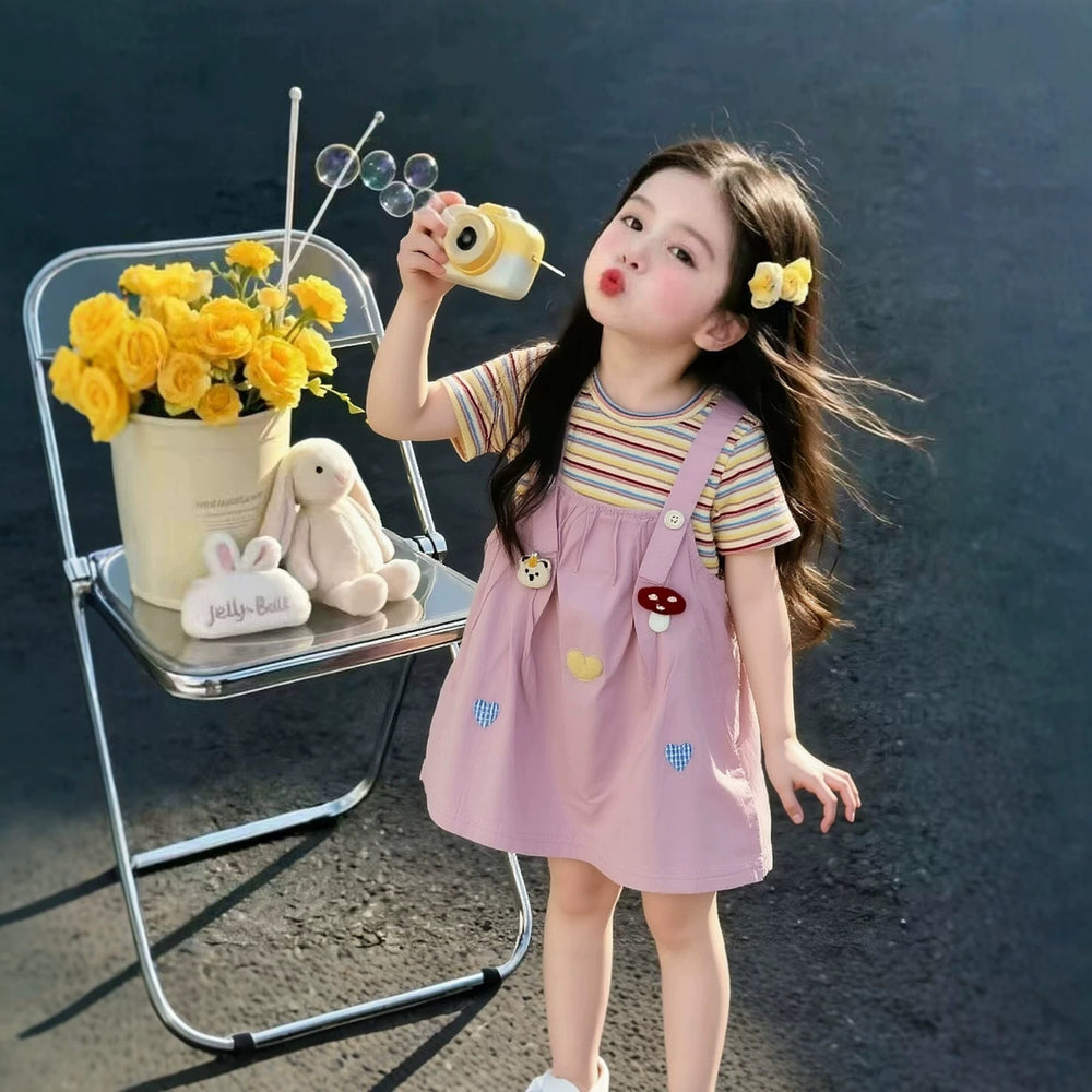 Girls' overalls dress set - summer  new collection: kids' fashion striped short-sleeve summer style, sweet baby two-piece look