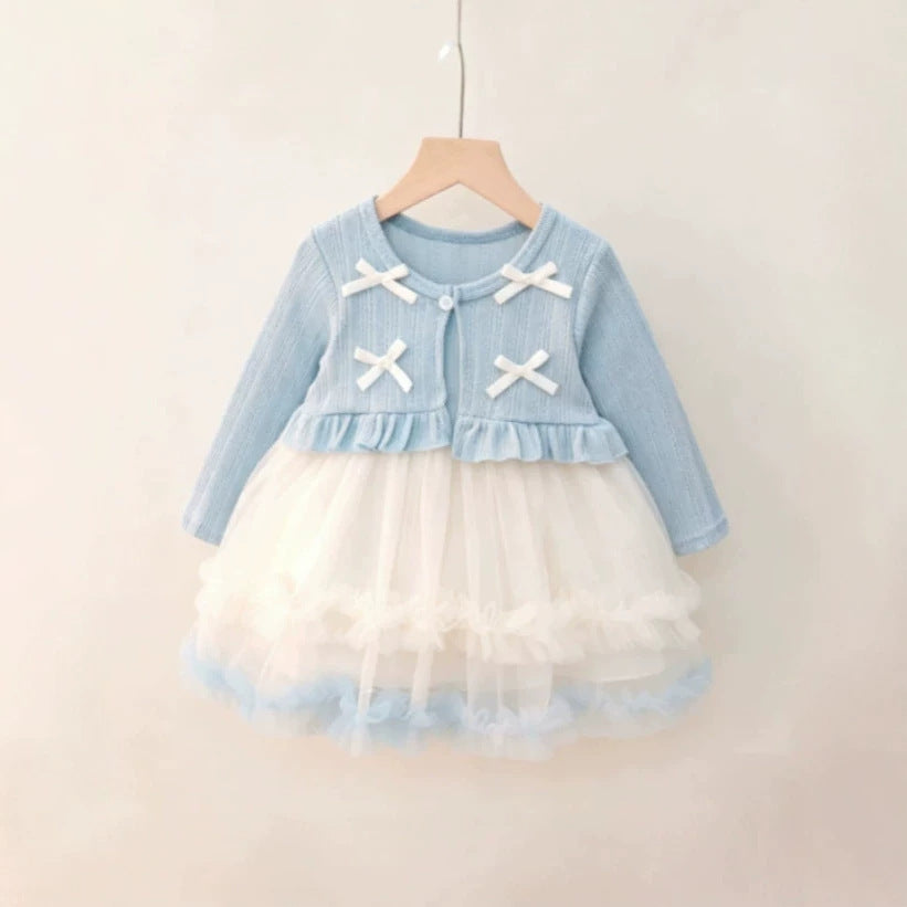 Girls' princess dress - new autumn collection: long-sleeved mesh dress with sweet bow detail - stylish and chic for little girls