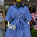 European and american cross-border women's fashion:  spring new arrival - stylish lapel, single-breasted, tie-waist blue shirt dress