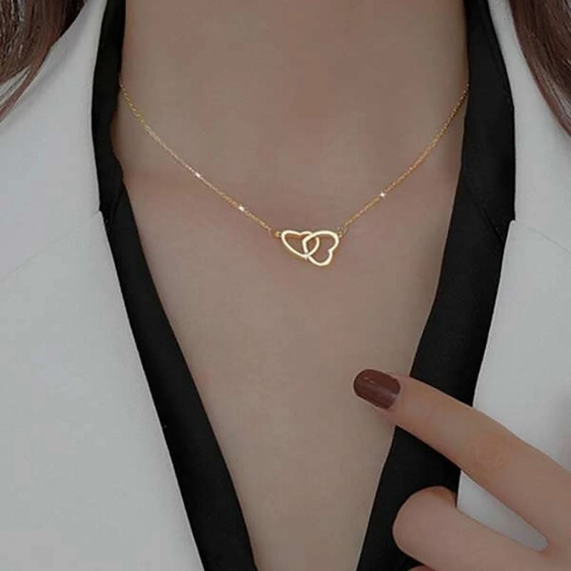 Double ring heart 2025 new minimalist necklace for women, clavicle chain, unique design, trendy influencer style jewelry gift