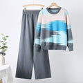 autumn new color block long sleeve crewneck casual top + loose wide leg knit pants set for women