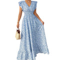 Shipped: cross-border european and american women's summer floral maxi dress with ruffle trim, v-neck, short sleeves, and a-line silhouette