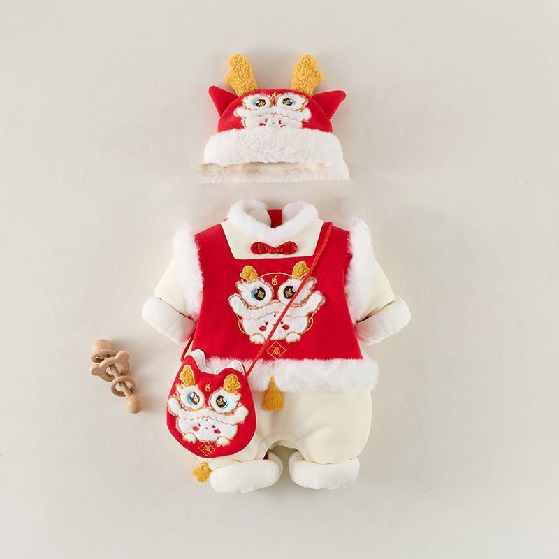 Newborn infant baby boy/girl new year's outfit - red embroidered winter romper for chinese new year - festive & thickened