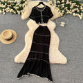 Korean style age-reducing set: women's gentle style hollow-out crochet round neck cropped knit top + high-waisted bodycon midi skirt