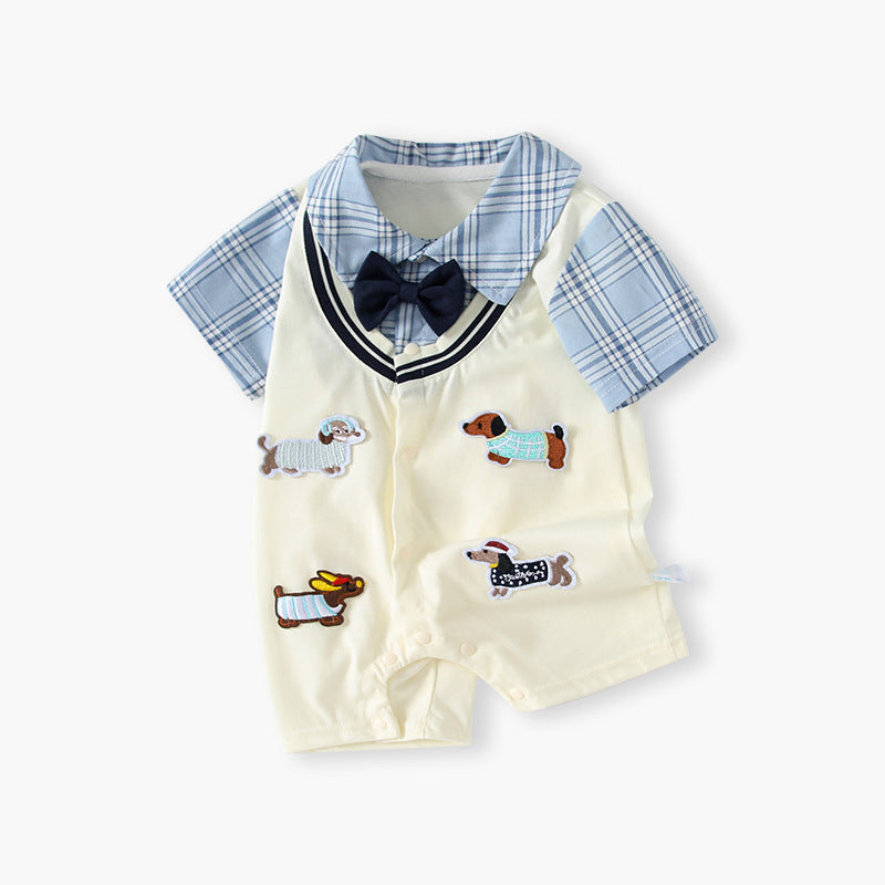 Baby clothes summer thin section new arrivalk-style newborn baby boy one-piece fake two-piece super cute khaki