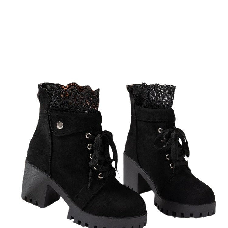 autumn/winter short boots - plus size, high heel, chunky heel, round toe, lace trim, lace-up, back zipper, platform, ethnic style