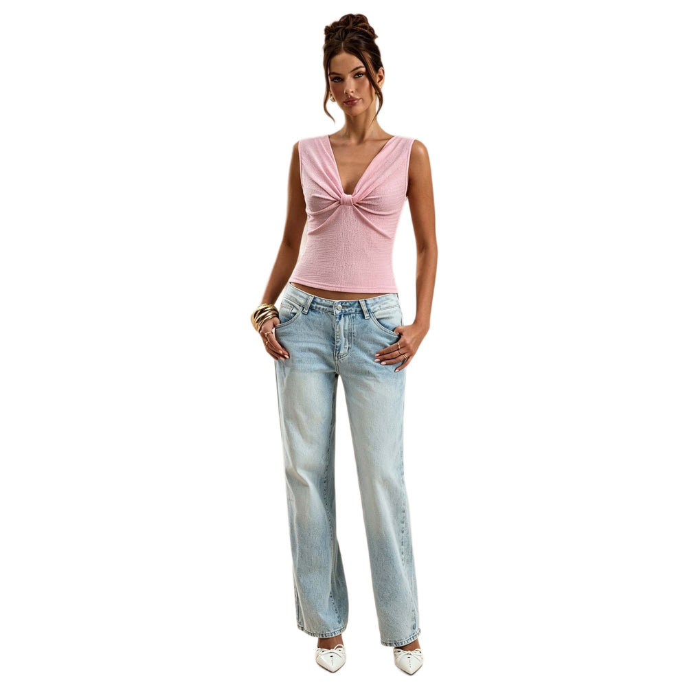 women's summer high-end v-neck twist sleeveless top - textured, slim-fit, and elegant t-shirt