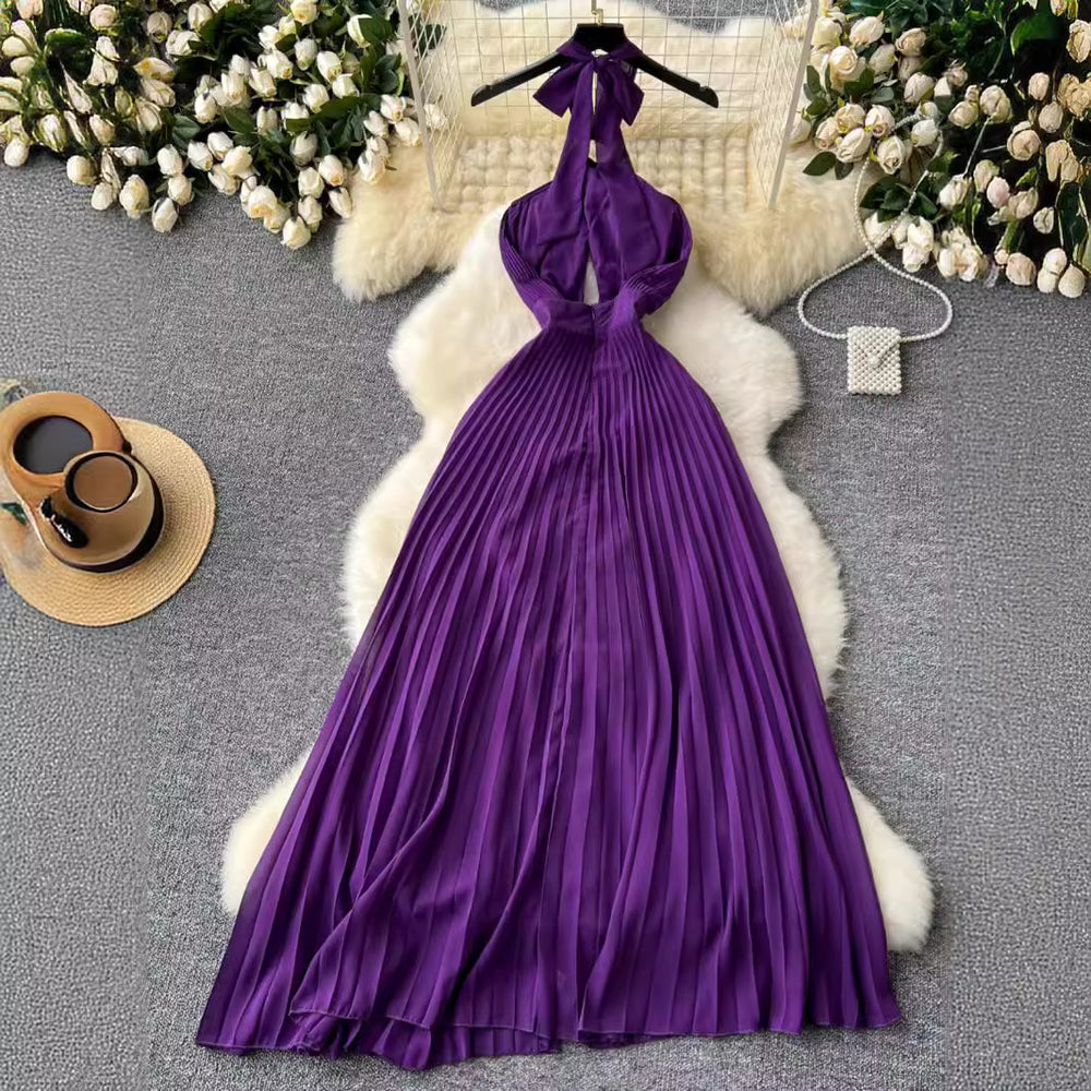 Atmosphere halterdress feminine cut out cross halter strap waist drape backless pleated long skirt