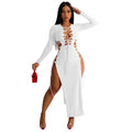 C6237 cross-border   fashion women's solid color drawstring slit long sleeve maxi dress
