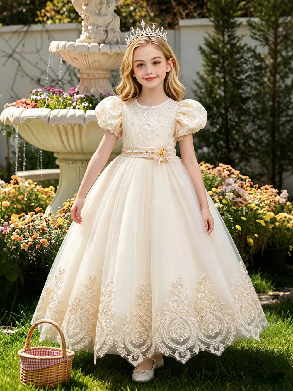 Ready-to-ship new lace wedding dress bubble sleeve princess dress girls birthday party dress kids dress