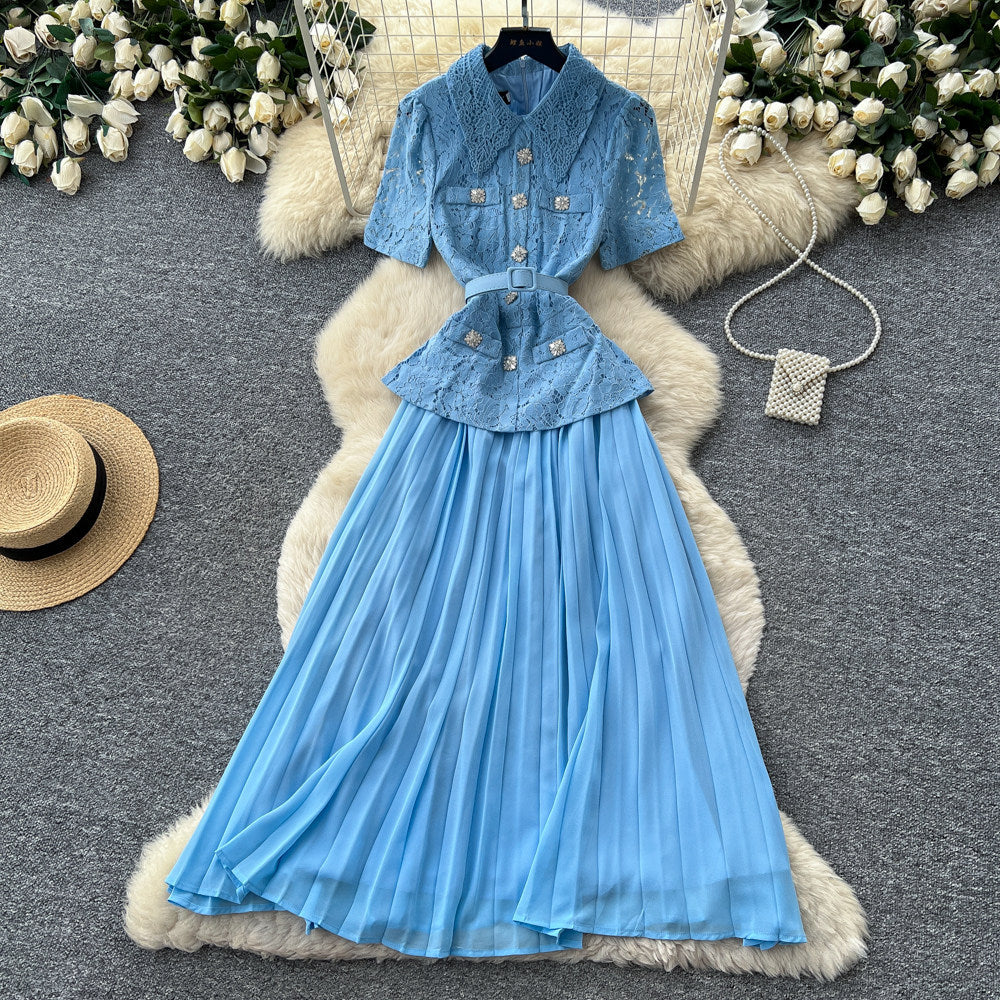 French chic yellow turn-down collar lace patchwork dress - women's summer elegant commute pleated maxi dress
