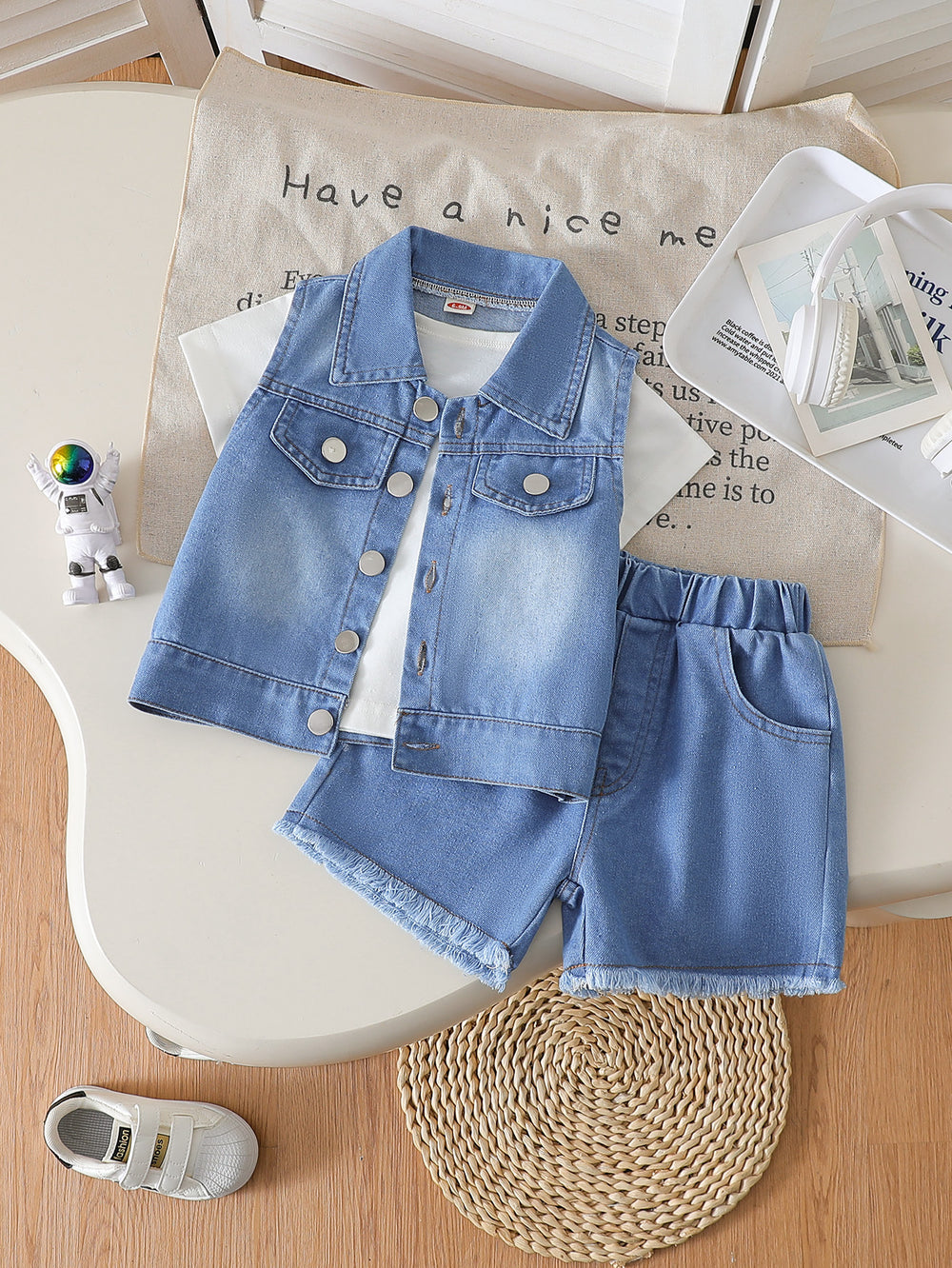 new cross-border boy's denim vest + denim shorts set with crew neck tee - 3-piece outfit