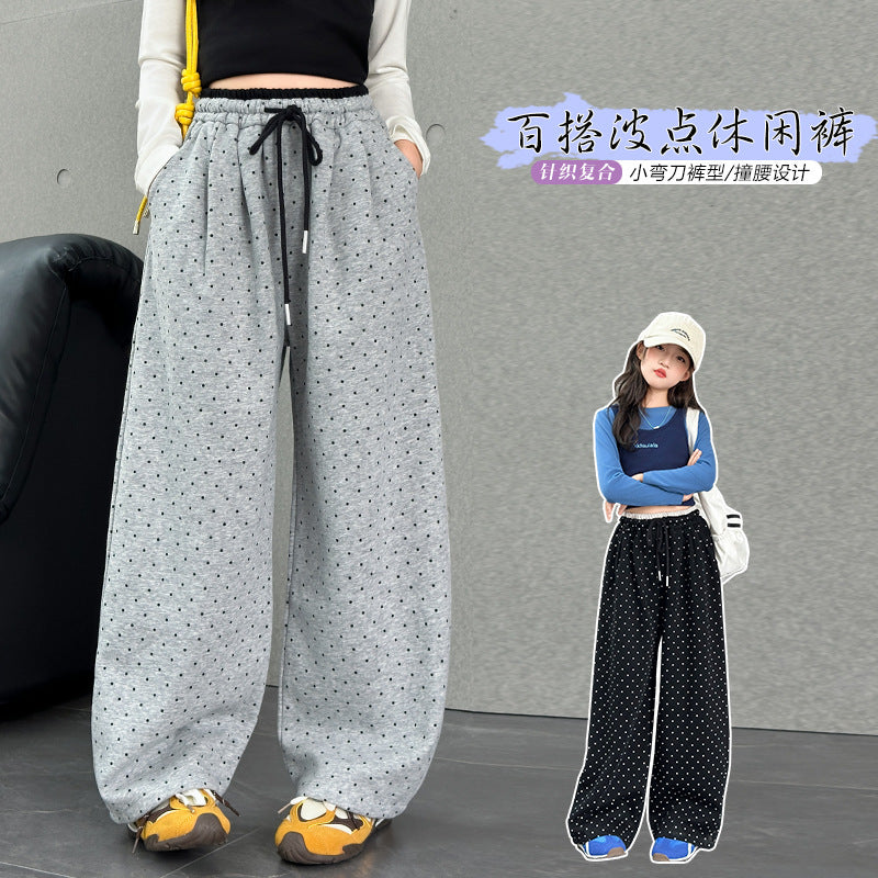 Girls' spring and autumn pants  new style: korean style polka dot wide-leg pants for big girls, kids' casual straight-leg trousers