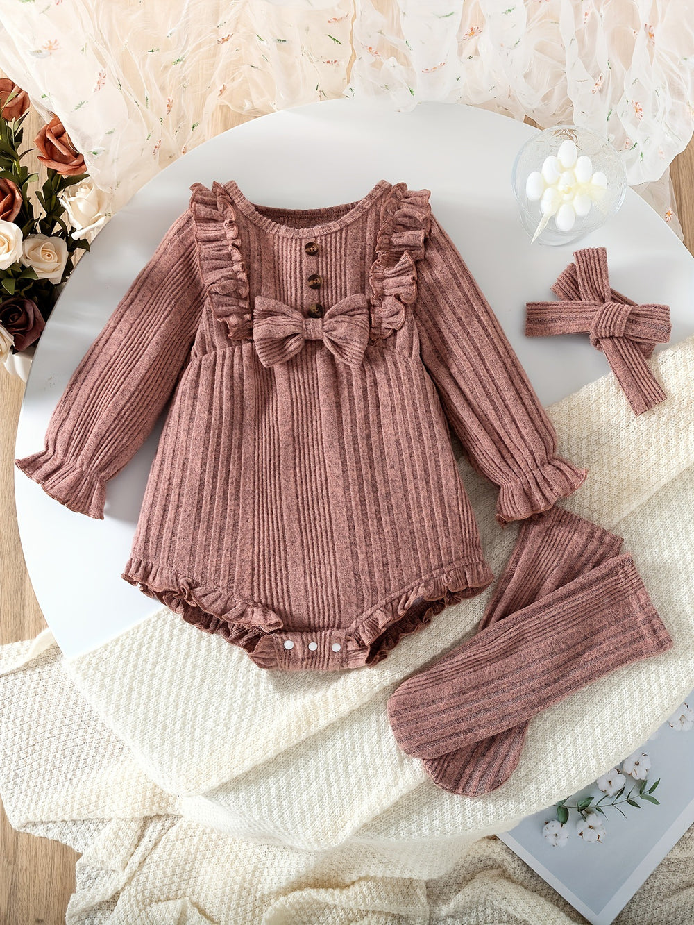 new product baby and children's fashion style thickened brushed knitting ruffles one-piece + socks + headscarf three sets