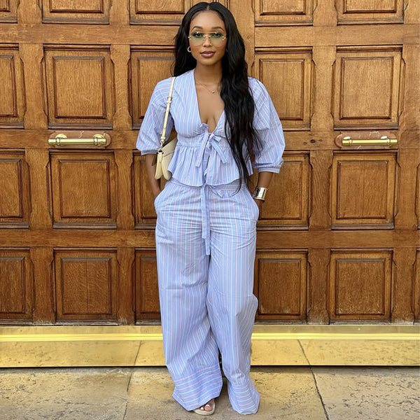 European and American  women's clothing 2025 summer new fresh V-neck lace-up plaid shirt top wide-leg pants set