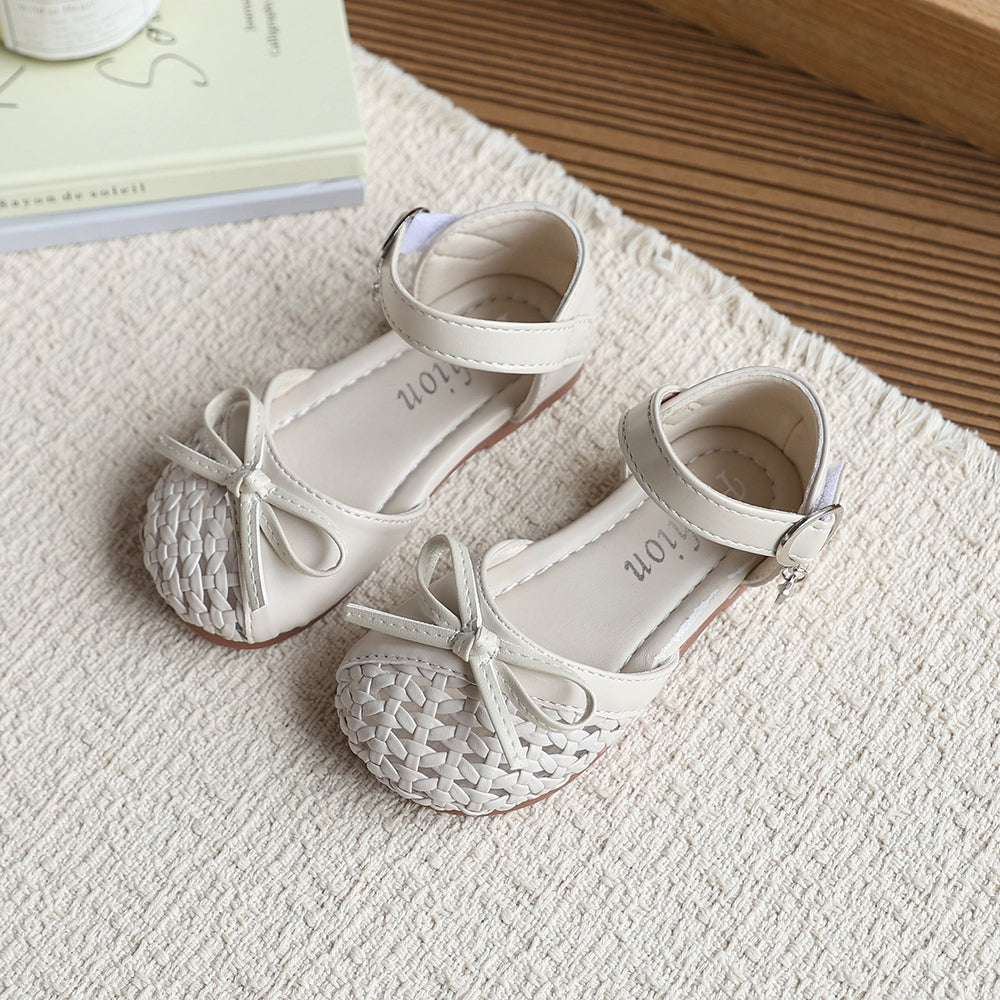 Girls' fashion woven open-toe sandals,  new summer collection, baby bow princess shoes, hollow-out flats