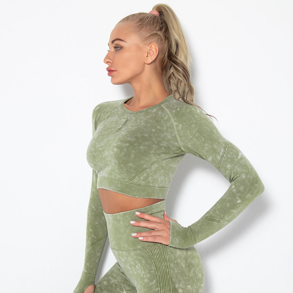 In stock! new european and american style sexy fitness wear for women, tight-fitting, quick-drying, washed athletic running long-sleeve top, yoga outfit