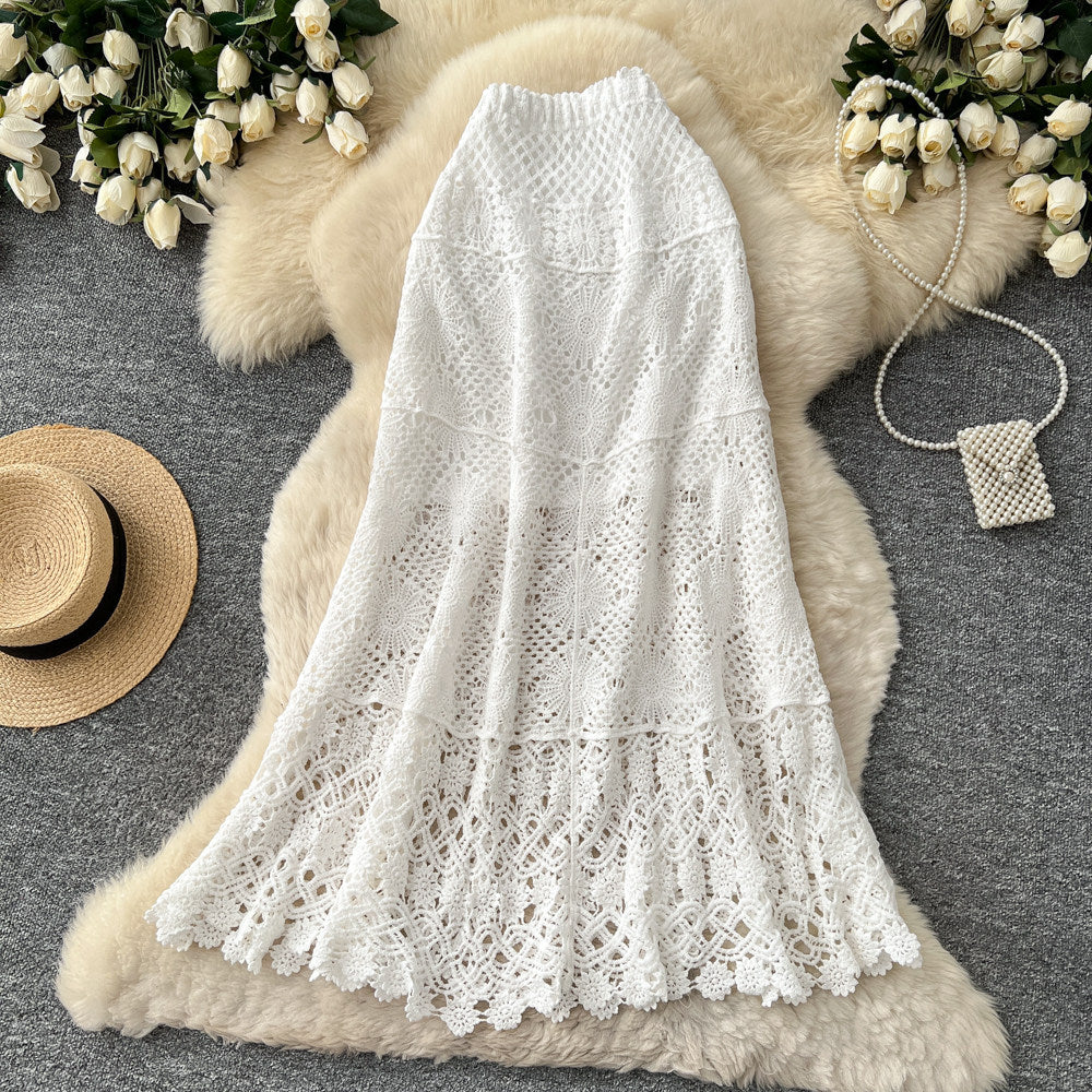 K-style heavy industry cut outknitting crochet skirt women's summerhigh waistslimming look a-line skirt tassel patchwork medium long