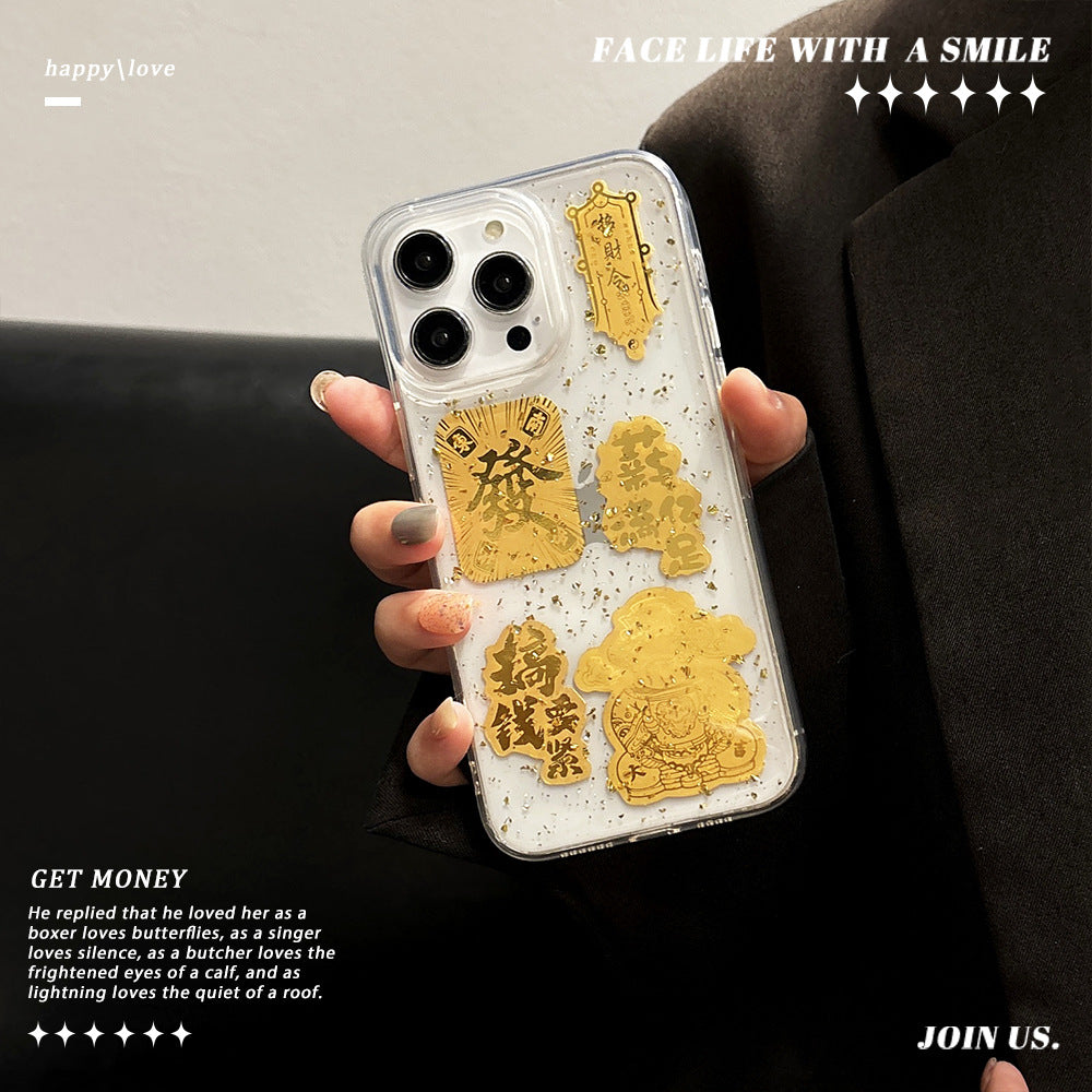 Suitable for apple 16pro transparent glue gold foil text mobile phone case iphone13/15 acrylic protective cover 12