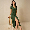 independent station fashionv neck short-sleeved dress single-breasted slit waist slimming lookelegant mid-length skirt
