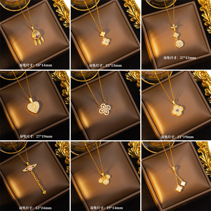 Copper inlaid zirconium four-leaf clover necklace for women, titanium steel real gold plating popularinsfashion flower exquisite sweater chain jewelry