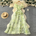 French chic high-end 3d floral ruched waist ruffle mesh dress - elegant women's evening gown maxi dress
