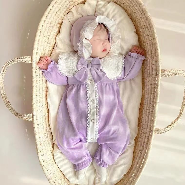 Baby spring & fall lightweight romper: stylish princess-style long-sleeve bodysuit for baby girls, perfect for outdoor wear, full month celebration, first birthday, and crawling