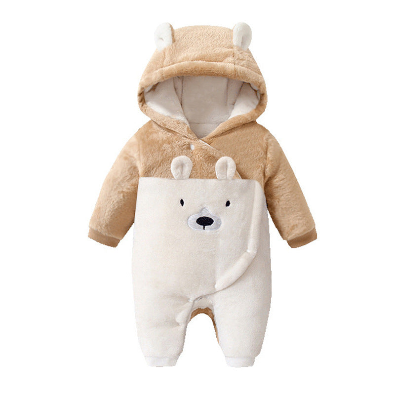 Autumn and winter baby onesie, double-layered and thickened, hooded bear design, baby romper, trendy instagram-style crawler suit, 6-month children's clothing wholesale