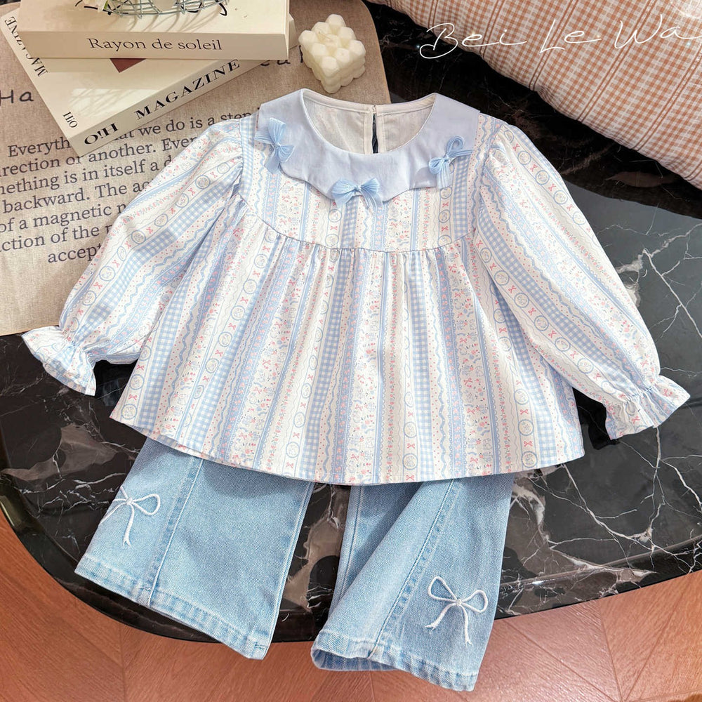 Spring new girls' bowknot lace collar long-sleeve shirt, baby girl blouse, stylish children's top, kids' clothing