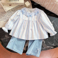 Spring new girls' bowknot lace collar long-sleeve shirt, baby girl blouse, stylish children's top, kids' clothing