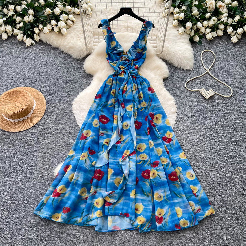 Vacation style v neck floral sleeveless dress women's summer pastoral style blue ribbon waist slimming look long skirt