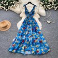 Vacation style v neck floral sleeveless dress women's summer pastoral style blue ribbon waist slimming look long skirt