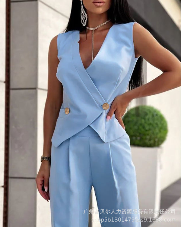 Spot 2022 Women's Fashion Blue Suit Vest Pants Set