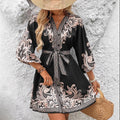 fashionexport women's summernew arrivalprintingv neckthree-quarter sleevestie back waist dress