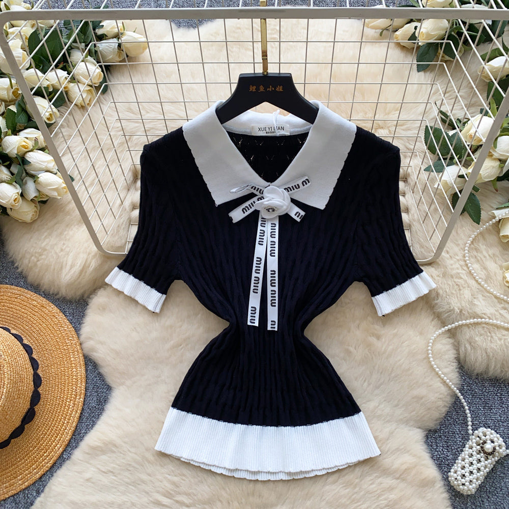 Gentle wind doll collar bowsknitting shirt for women summercasualcasualcontrast colorsweeteasiest for matcheleganttops