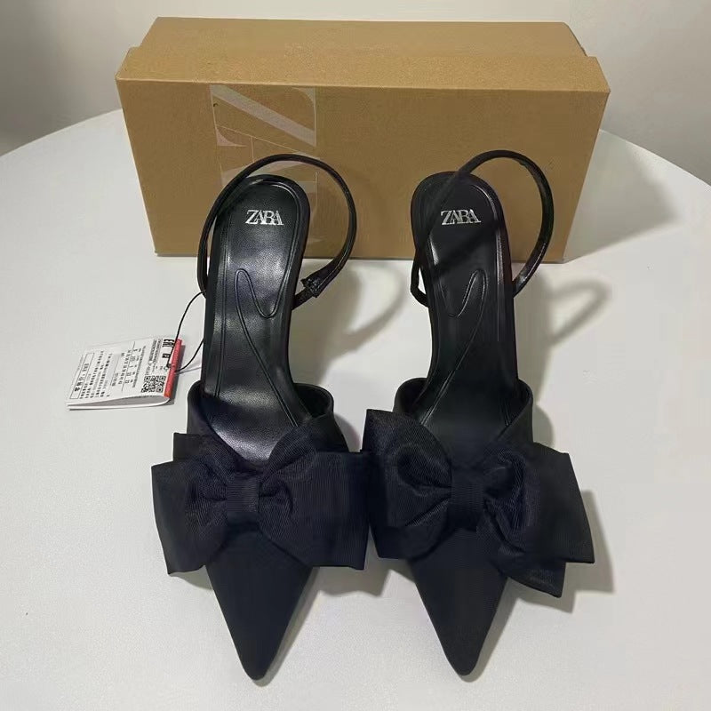 Za autumn new 2023 french high heel pointed toe bowknot decorated low-cut slingback niche design stiletto sandals for women