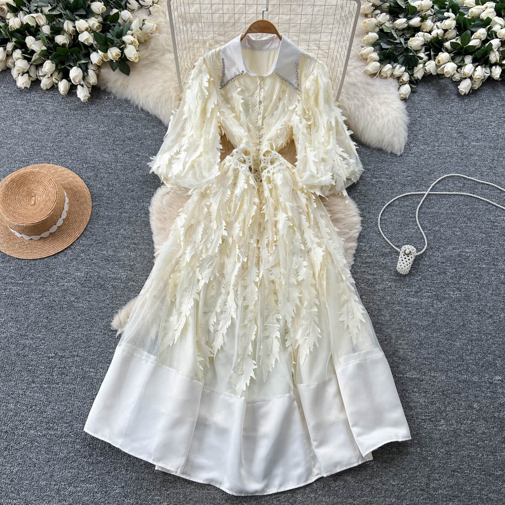 French retro court style dress - women's  autumn collection: beaded peter pan collar, lantern sleeves, 3d floral appliqué, mesh maxi dress