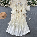 French retro court style dress - women's  autumn collection: beaded peter pan collar, lantern sleeves, 3d floral appliqué, mesh maxi dress