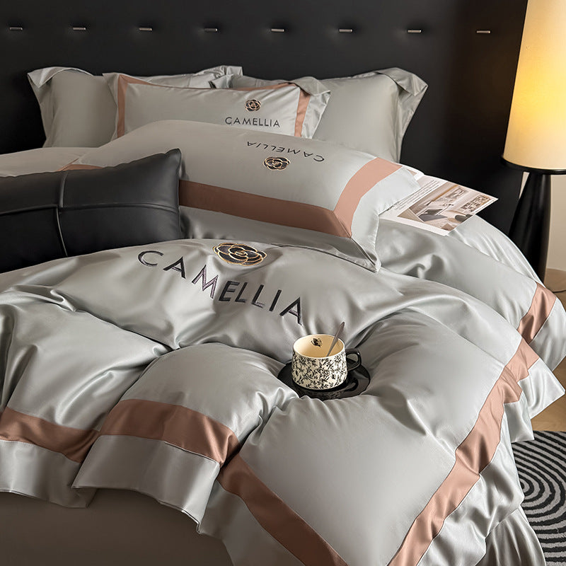 Solid color four-piece cotton light luxury high-end pure cotton quilt cover bed sheet villa model room master bedroom bedding