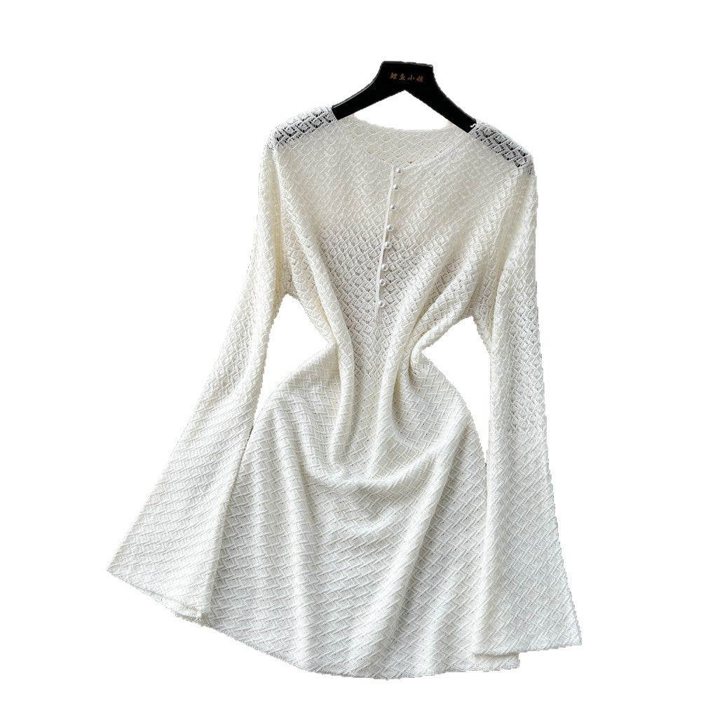 Korean style hollow-out knit crew neck dress - women's spring/summer long sleeve a-line dress - slim fit, commute-friendly, soft & elegant