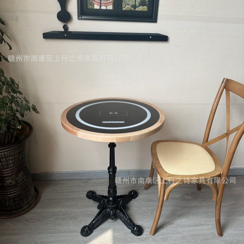 Hotel negotiation table retro dining table with wireless charging bluetooth audio all solid wood desktop small round table desk