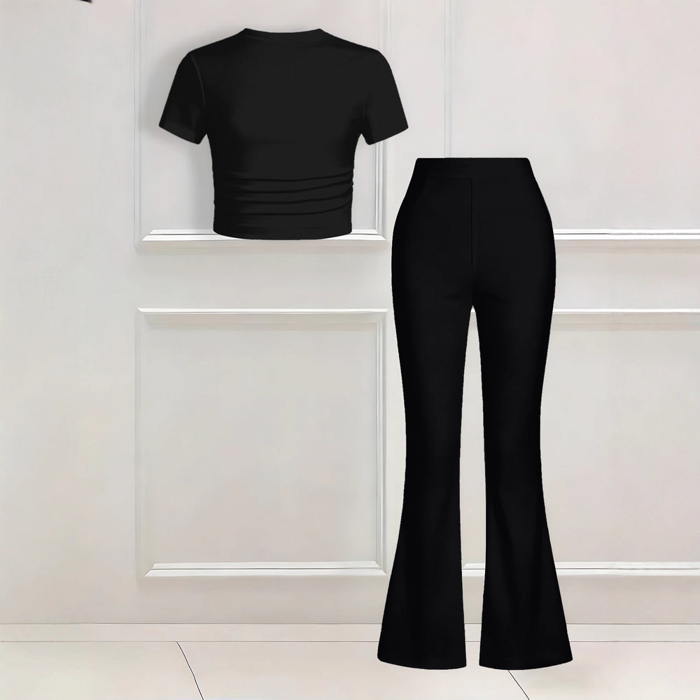 wholesale girls' flared pants set, fashionable spring, summer, and autumn 67 number short-sleeved long flared pants set for girls