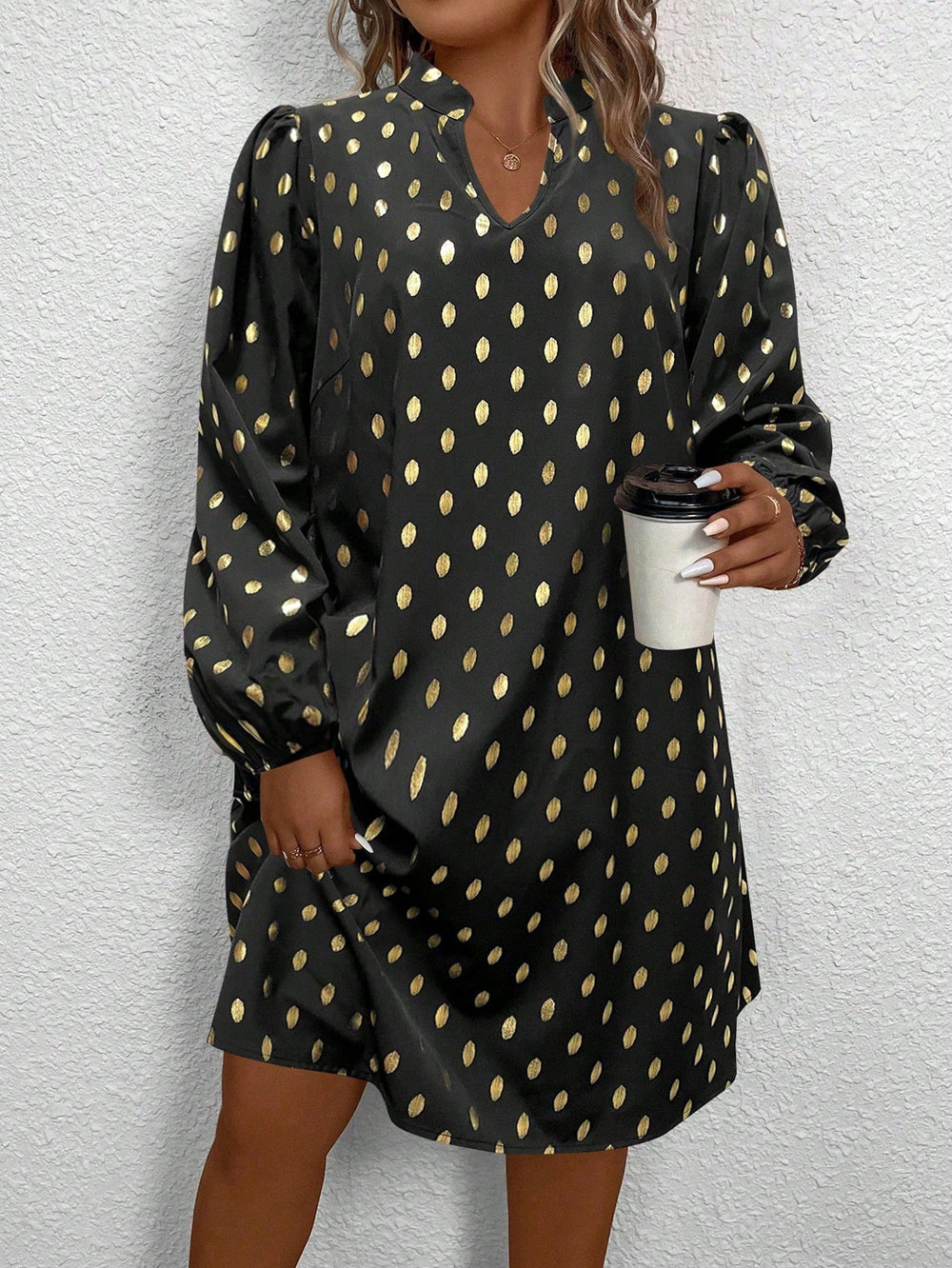 Casual stand-up collar hot stamping polka dot straight-leg skirt casual lantern sleeve casualwork clothing women's clothing 1688 supply