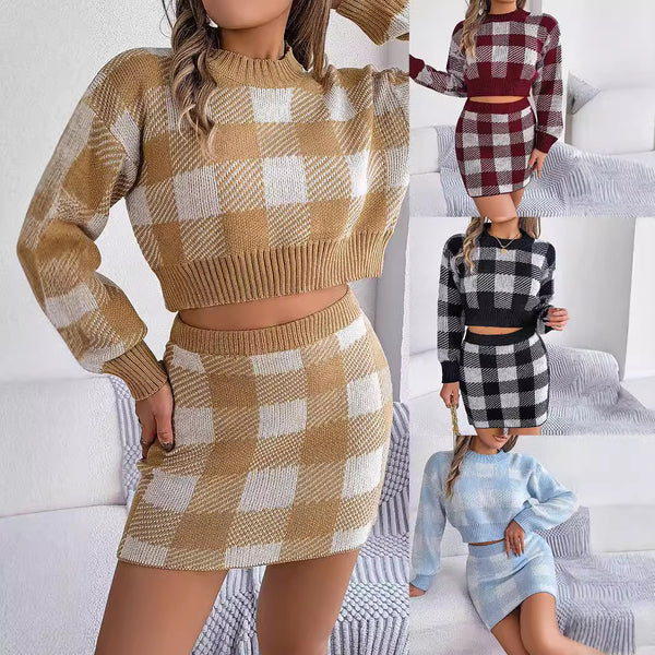 Real autumn and winter casual contrasting color plaid long-sleeved exposed navel sweater hip-wrapped skirt set,  European and American women's clothing