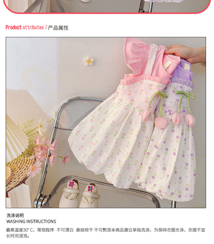 summer girls' cartoon dress - new floral print short-sleeve dress for toddlers and young children (faux two-piece)