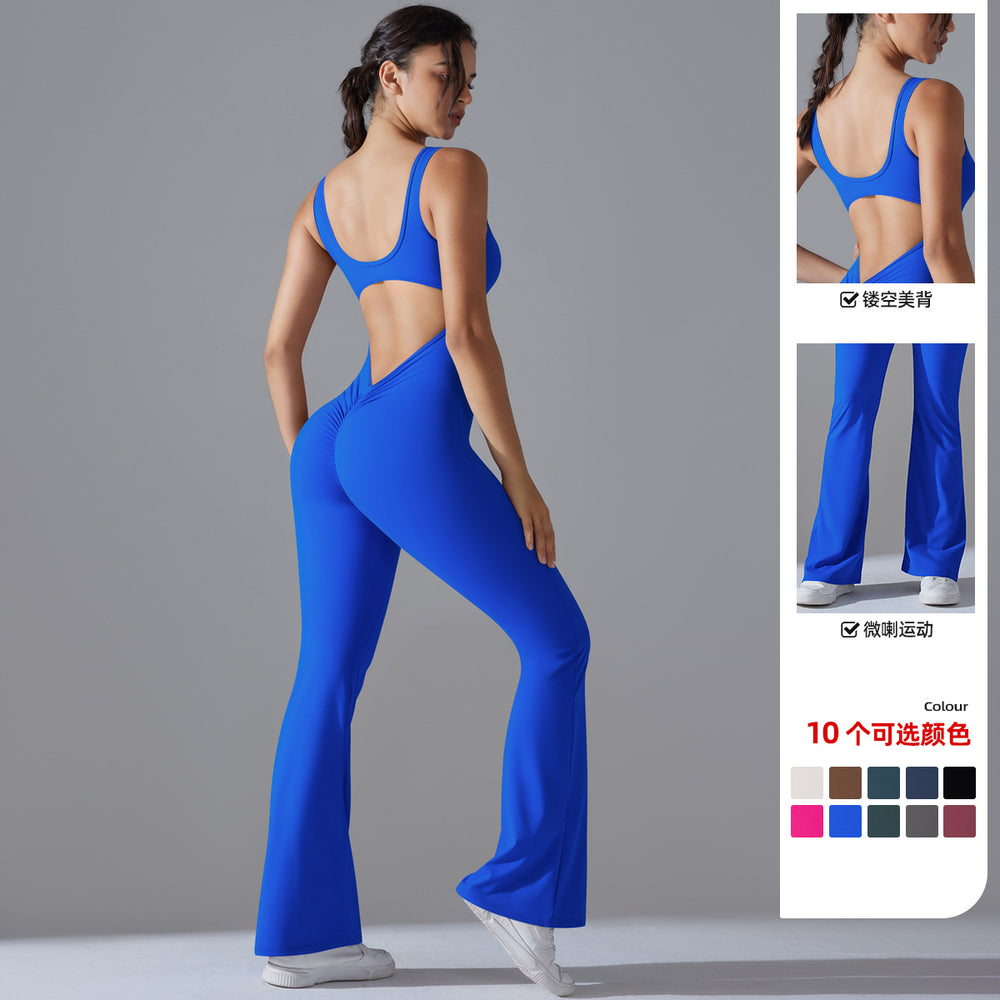 European and american cutout back bodysuit peach lift quick-dry tight workout gym outfit flare leg yoga jumpsuit for women