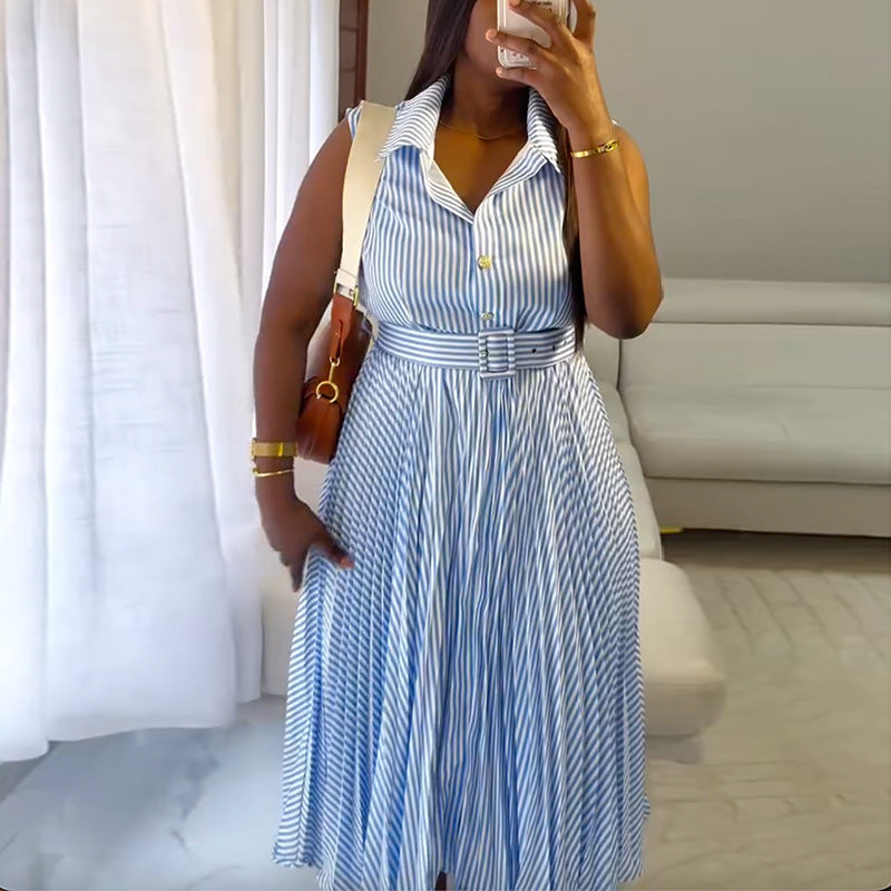 European and american cross-border women's fashion:  summer new arrival - elegant and stylish striped lapel tie-up pleated sleeveless dress