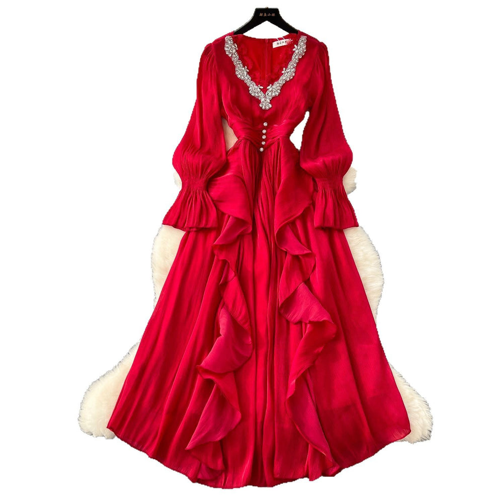 Frenchclassyelegancedress women's fashion heavy industry embroidered beads and diamonds v neck waist elegant palace style long skirt