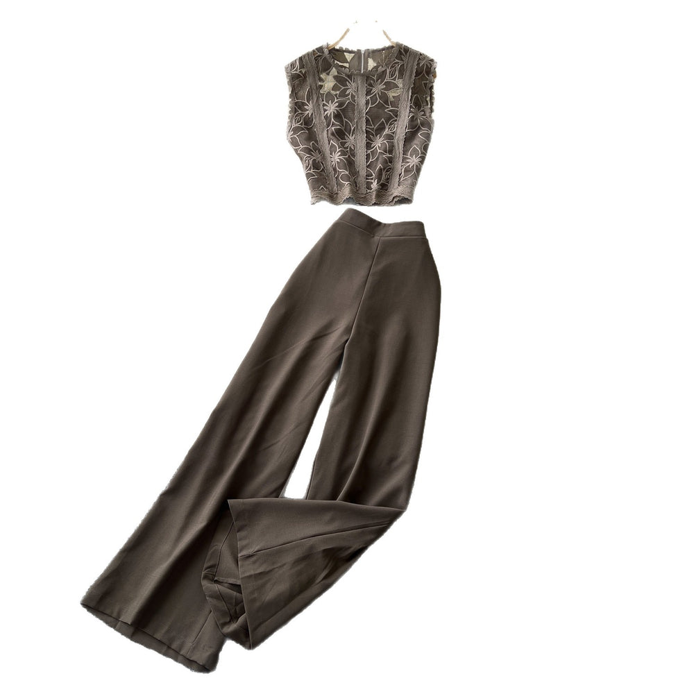 Light mature style classy sense lace vest high waistloose pantstwo-piece set women's summerwork clothingslimming looksuit
