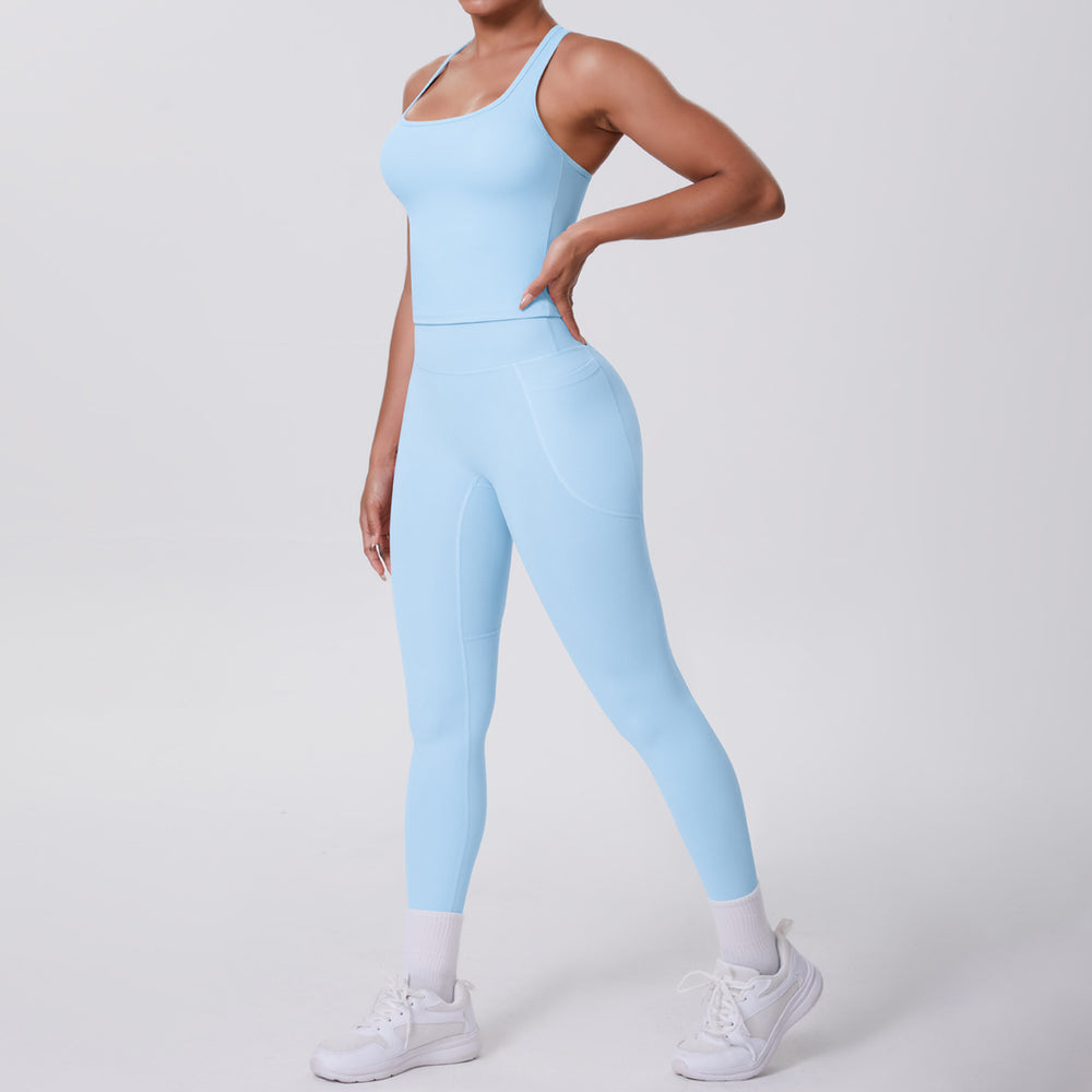 fashion brushed pure color tight racerbackflap pocket pants sports suit running fitness yoga clothes two-piece set